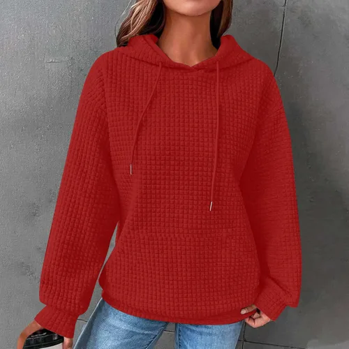 Vista 2 de Sudaderas con capucha para mujer, elegante, casual, de manga larga, con cordón de punto, a la moda, color liso, cómodo, con bolsillo