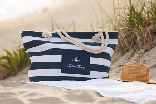 Vista 6 de Fishers Finery Heavy Canvas Striped Beach Bag with Rope Handle Multi Sizes