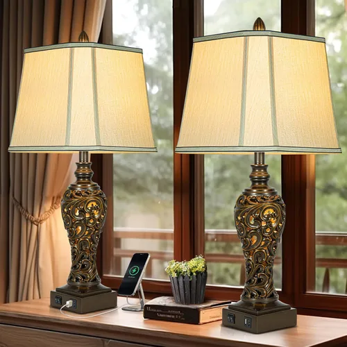 Vista 14 de Juego de 2 lámparas de mesa de noche con luz nocturna y puertos USB A+C, lámparas de mesa vintage de 27" de alto con acabado de hoja de plata