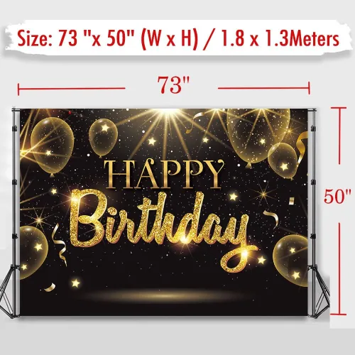 Vista 5 de Telón de fondo negro dorado para decoración de fiesta de feliz cumpleaños, cartel de globos dorados con purpurina y estrella para cumpleaños, telón