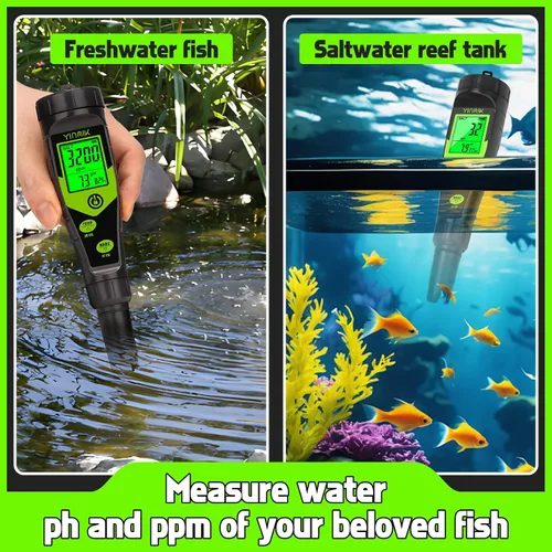 Vista 4 de Probador de Sal para Piscina, Medidor Digital 5 en 1 de pH, TDS, EC y Salinidad con Kit de Solución de Calibración, Visualización Simultánea de ppm