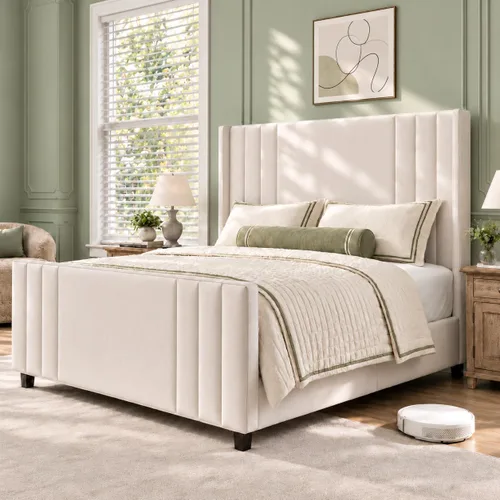 Vista 10 de Albott Base de cama de plataforma tamaño Queen, cama tapizada con cabecera y pie de cama con respaldo alado acolchado de canales verticales Negro