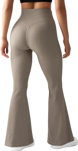 Vista 3 de RUUHEE Pantalones de yoga cruzados acanalados para mujer con bolsillos, cintura alta, acampanados, leggings acampanados