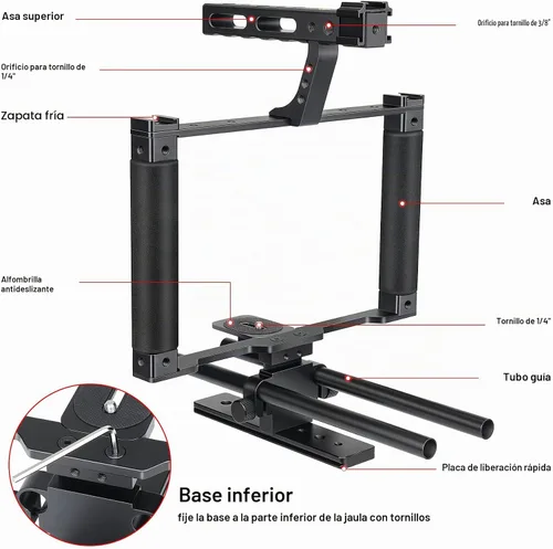 Vista 4 de Jaula de extensión de estabilizador de cámara DSLR de aleación de aluminio universal para soporte de micrófono, monitor, luz, kit de video
