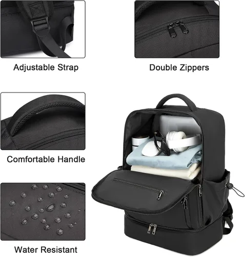 Vista 4 de seyfocnia Mochila de gimnasio para hombres, mochila deportiva ligera con compartimento para zapatos, bolsa de gimnasio impermeable, Negro, Mochilas