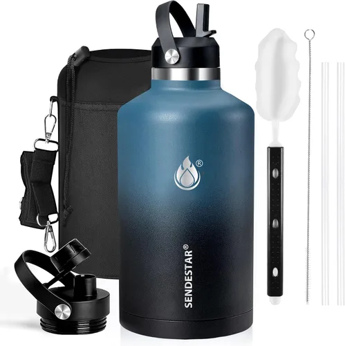 Vista 45 de SENDESTAR Botella de agua aislada de 24 onzas, boca ancha, botella de agua de 24 onzas con tapa con popote, tapa de boquilla, acero inoxidable