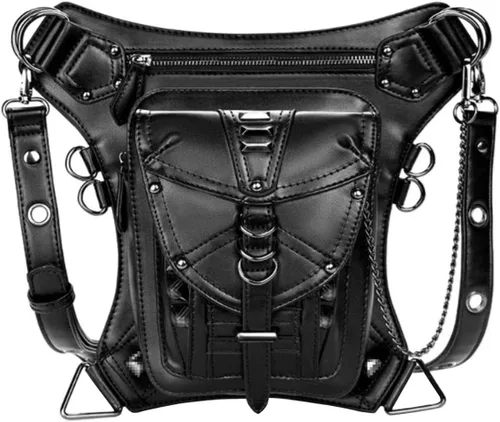 Vista 11 de Riñonera gótica, punk, táctica, para exteriores, bicicleta, motocicleta, ciclismo, senderismo, riñonera para cadera/muslo, bolsa de hombro negra
