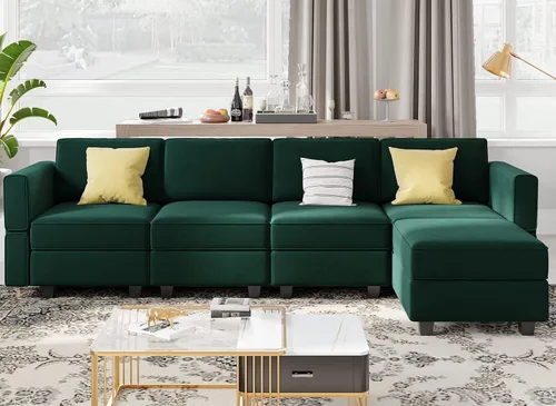 Vista 13 de Belffin Sofá modular en forma de U con tumbonas reversibles, de terciopelo, con asiento de almacenamiento, color negro