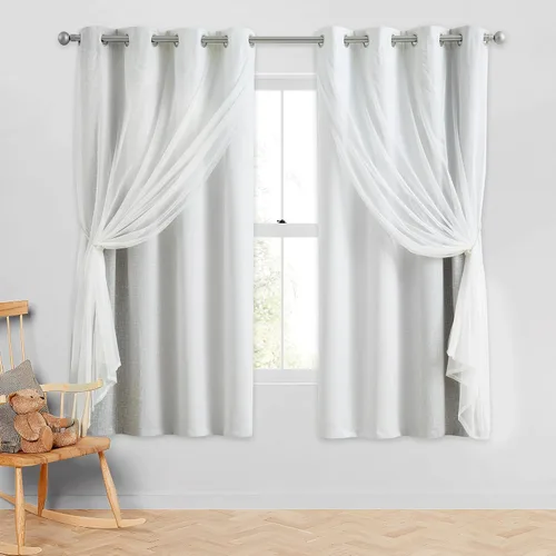 Vista 21 de Cortinas 100% opacas con superposición de gasa Mix and Match de doble capa, 54 pulgadas de largo, 2 paneles para dormitorio y sala de estar, azul