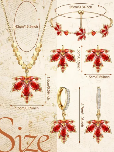 Vista 2 de Sasylvia Juego de 4 piezas de joyería de otoño de hoja de arce para mujer, collar, pulsera de diamantes de imitación, 2 aretes de hoja de arce