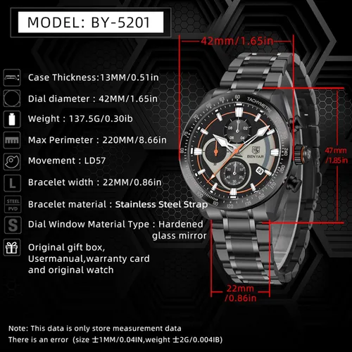 Vista 7 de BY BENYAR Men Watch Quartz Chronograph Stainless Steel Strap Analogue Date Display Sports Leisure Business 30M Waterproof Elegant Gifts for Men