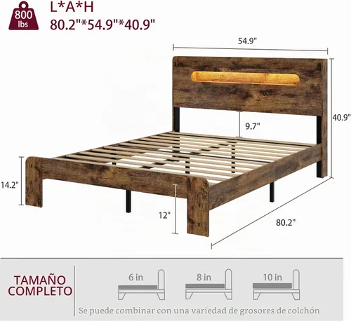 Vista 2 de Base de cama matrimonial con cabecera de almacenamiento y estación de carga, color marrón Platform Bed Frame, LED Lights, Wooden Slats
