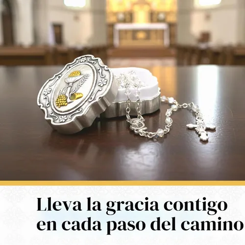 Vista 2 de Juego de cuentas de rosario católico con caja de regalo de recuerdo de metal Cristal de Comunión