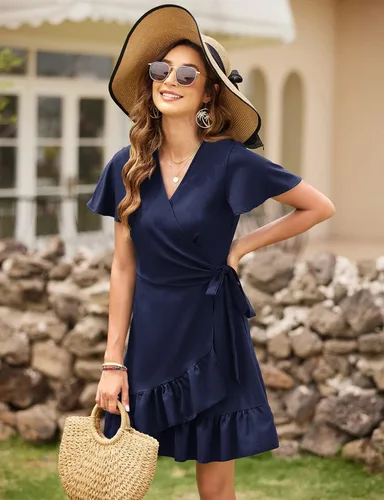 Vista 5 de Naggoo - Vestido de verano con diseño cruzado, cuello en V, estampado de lunares o floral, volantes, manga corta, cinturón, corto, para mujer