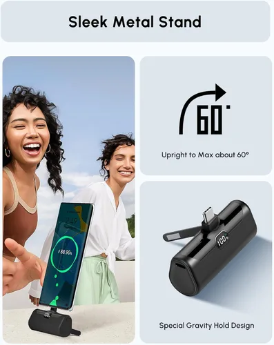 Vista 4 de Pequeño banco de energía USB C con soporte plegable para iPhone 17/Samsung Galaxy S25, cargador portátil del tamaño de la palma cargador de batería