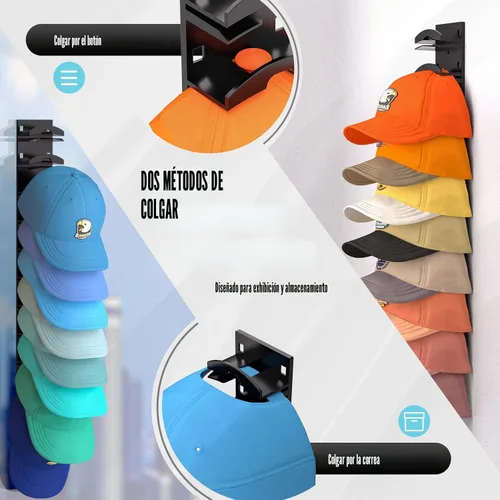 Vista 5 de Organizador de sombreros para gorras de béisbol, estante para sombreros de pared con adhesivo fuerte que sostiene hasta 10 sombreros, soporte