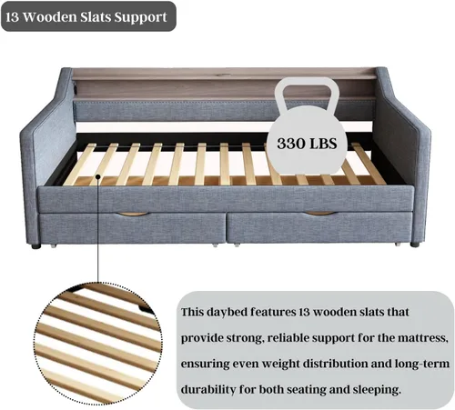 Vista 7 de Sofá cama individual con 2 cajones de almacenamiento, cama tapizada con LED y estación de carga USB para sala de estar, dormitorio, habitación