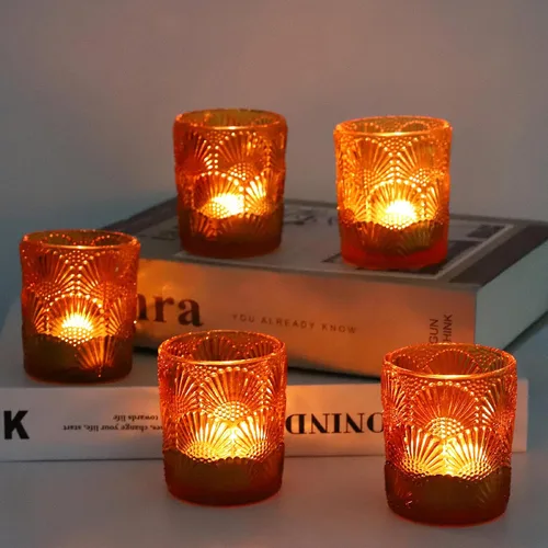 Vista 2 de Woho - 12 portavelas votivas ámbar, portavelas para Acción de Gracias 12pcs Glass Amber Candle Holder for Fall Wedding, Boho Tea Lights Candle