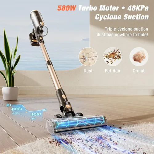 Vista 2 de Aspiradora Inalámbrica, Mejorada 600W 50KPA 70Min Aspiradoras para el Hogar, Aspiradora de Palo Autoportante, Carga con Montaje en Pared y Pantalla