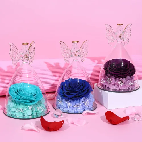 Vista 7 de Regalo de rosa para el día de la madre, rosa real preservada en figura de ángel de cristal grande, regalos de rosas para mujeres, regalo de flores