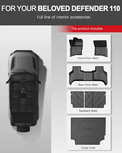 Vista 16 de Floor Mats & Cargo Liner for Land Rover 2020-2026 Defender 110 No apto para suelos de goma Defender 110s, cobertura máxima de superficie
