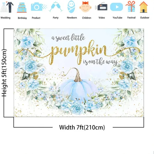 Vista 4 de Avezano Telón de fondo de calabaza azul para baby shower para niño, decoración de fiesta de otoño con texto en inglés "A Little Pumpkin Is On The