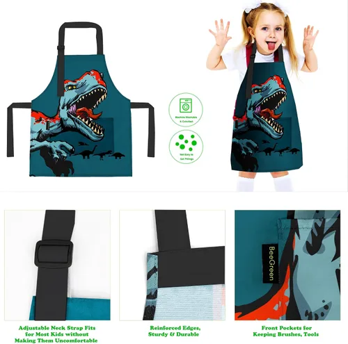 Vista 3 de BeeGreen Kids Cooking Aprons 2 Pack, Adjustable Strap Toddler Art Apron with Front Pocket