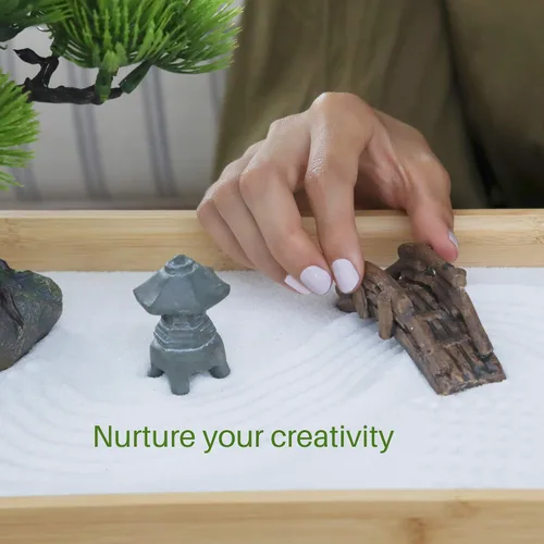 Vista 7 de ENSO - Jardín zen japonés para escritorio, extra grande de 16 x 8 pulgadas, mini jardín zen de escritorio con arena blanca, árbol bonsái artificial