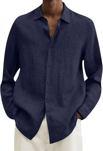Vista 10 de EFOFEI Camisa de algodón y lino con botones para hombre, camisas casuales de manga larga, con solapa, color sólido