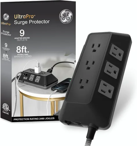 Vista 7 de GE Protector SurGE de 6 tomas, tira de alimentación trenzada de 6 pies, enchufe plano, adaptador espaciado, extensor de salida múltiple