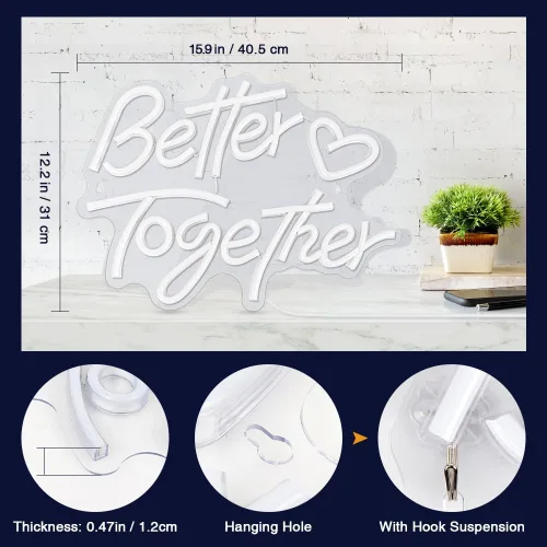 Vista 3 de Letreros de neón con texto en inglés «Better Together», «Arrinew LED», alimentado por USB, para decoración de pared del hogar, luces de neón