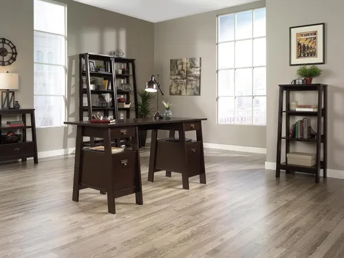Vista 6 de Sauder Estantería de escalera de 5 niveles con estructura de tres patas, estante de madera para libros, en madera Jamocha Chalked Chestnut