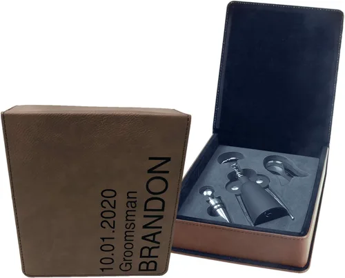 Vista 10 de Juego de herramientas de vino personalizado de cuero sintético de 3 piezas (negro con oro)