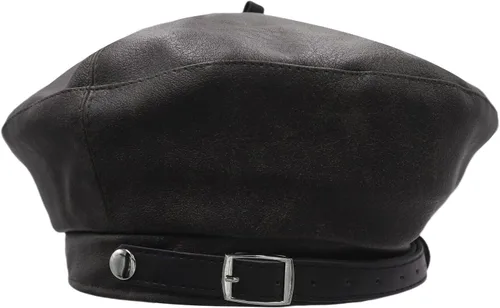 Vista 2 de MINGSEECESS Mujeres PU cuero francés negro boina sombrero Causal Beanie Hat Cinturón-marrón