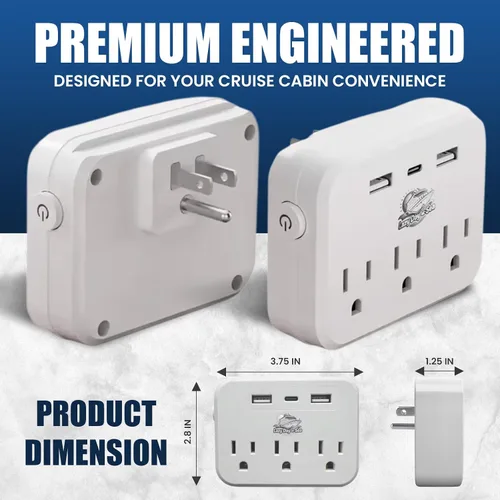 Vista 4 de Regleta de alimentación sin sobretensión (6 en 1) compatible con cruceros con 3 salidas de CA, 2 puertos USB y 1 USB-C, 2500W, carnaval, noruego