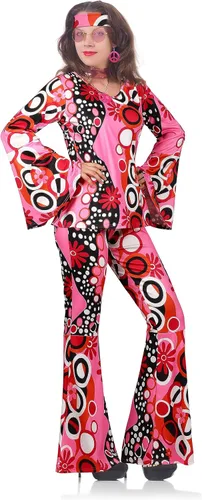Vista 6 de SOMSOC Paquete de 7 disfraces hippie de los años 70 para mujer, pantalones acampanados bohemios, teñido anudado, diadema, collar, aretes, peluca