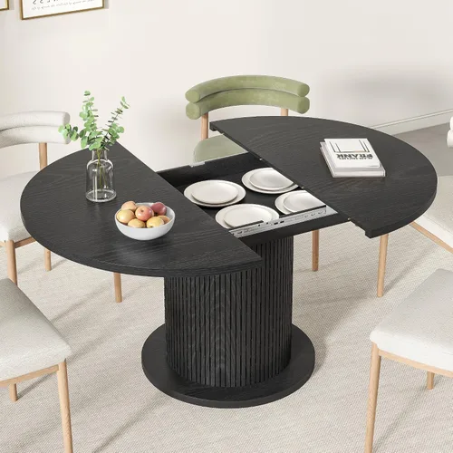 Vista 4 de Mesa de comedor redonda de 59 pulgadas para 6, moderna mesa de cocina de granja, mesas de comedor circulares con base de tira de madera para cocina