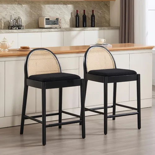 Vista 25 de HEAH-YO Taburetes de bar de ratán, juego de 2, taburetes de barra de 26 pulgadas de altura de mostrador con respaldos de ratán y patas de madera