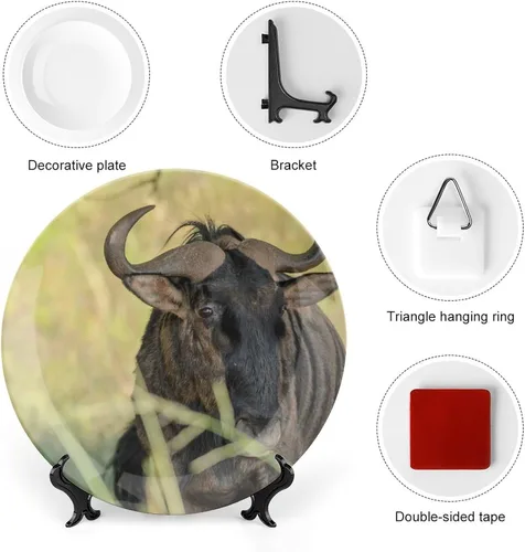 Vista 3 de Plato decorativo para colgar en la pared, plato de cerámica de ñu azul animal, platos divertidos para cena, plato decorativo de mesa, plato
