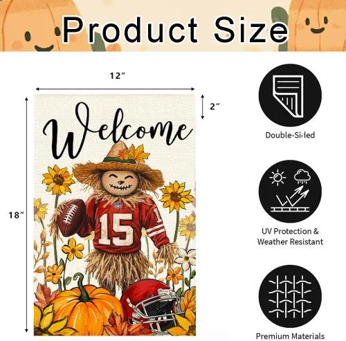 Vista 6 de Bandera de jardín de espantapájaros de otoño de 12 x 18 pulgadas, doble cara exterior, Acción de Gracias, fútbol, bienvenida, otoño, calabaza
