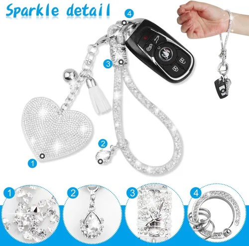 Vista 2 de Juego de llaveros de cristal, llavero en forma de corazón de diamantes de imitación con borla, llavero de coche brillante para mujeres, llavero