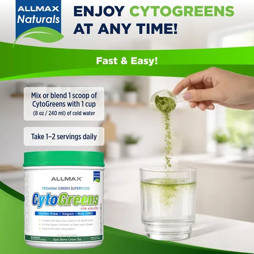 Vista 7 de ALLMAX CytoGreens Super Greens en polvo, té verde de bayas de acai, 60 porciones