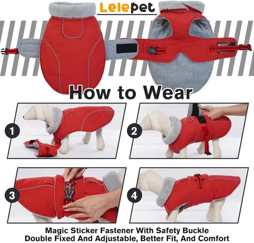 Vista 6 de Lelepet Abrigo cálido para perros – Chaleco reflectante impermeable de vellón con hebilla ajustable de gancho y bucle, chaqueta de invierno Rojo