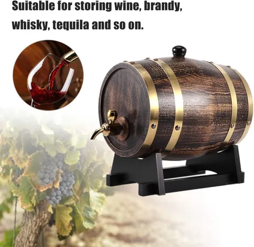 Vista 4 de Oumefar Envejecimiento de roble de 3 litros con soporte, mini dispensador de roble de madera de whisky con grifo, roble carbonizado