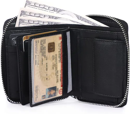 Vista 2 de Cartera de piel auténtica con triple pliegue y cremallera alrededor para hombres Horinzontal Cartera vertical con cremallera y tarjetero Regalo