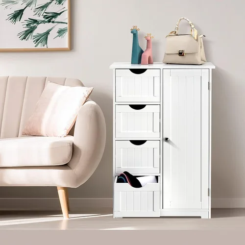 Vista 2 de Bonnlo Armario de almacenamiento pequeño de madera para baño, muebles de espacio pequeño, organizador de almacenamiento lateral blanco con 4 cajones