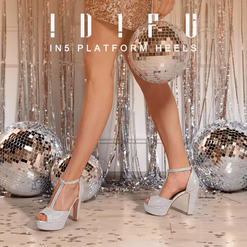 Vista 2 de IDIFU IN5 Polly - Sandalias de tacón alto grueso con correa en T para mujer, sandalias sexy con punta abierta, para boda, fiesta, graduación