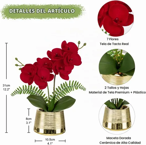 Vista 2 de Orquídeas blancas artificiales en maceta dorada, orquídea Phalaenopsis falsa, orquídea Bonsia sintética, centro de mesa para mesa de comedor
