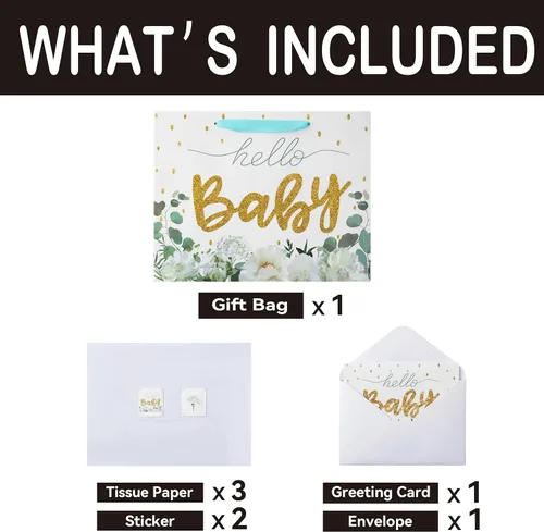 Vista 3 de Juego de bolsas de regalo extra grandes de 16.5" en color blanco con tarjeta de felicitación y papeles de seda (brillo dorado "Bebé") para baby
