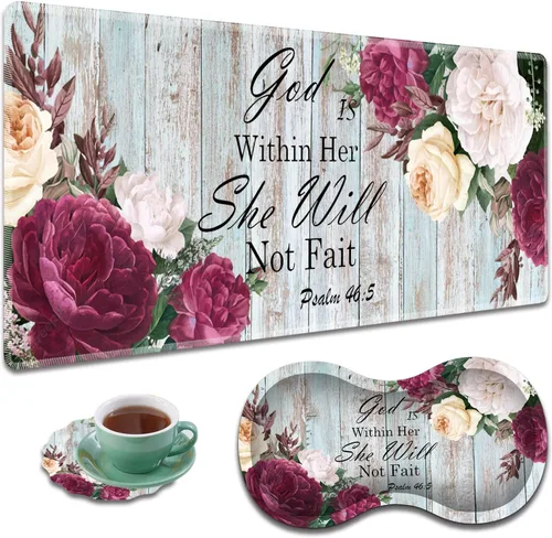 Vista 29 de Alfombrilla de mouse grande para juegos + reposamuñecas + posavasos combinados, 31.5 x 11.8 pulgadas, tapete de extensión antideslizante duradero
